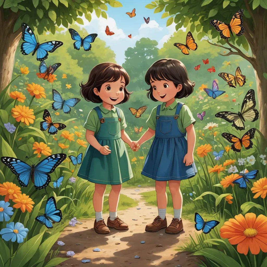 two girls are standing in the middle of a forest with butterflies flying around them and a path leading to the butterflies, serial art, a storybook illustration, Choi Buk, official art