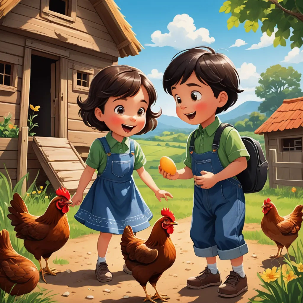 two children are standing in front of a chicken coop with chickens in the yard behind them, and a chicken in the foreground, lyco art, a storybook illustration, Cyril Rolando, storybook illustration