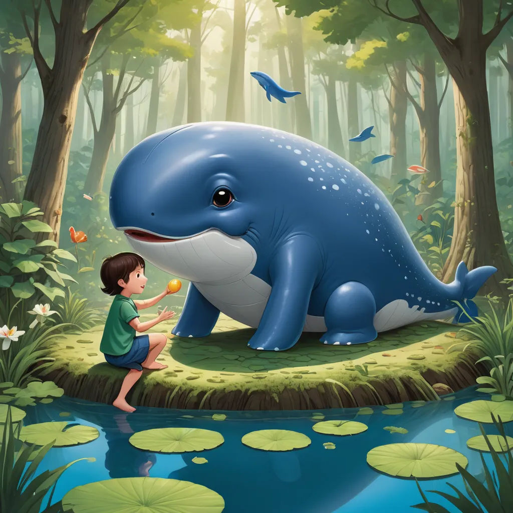 a boy is playing with a large blue whale in the forest with lily pads and a pond of water, magical realism, a storybook illustration, Diego Gisbert Llorens, storybook illustration