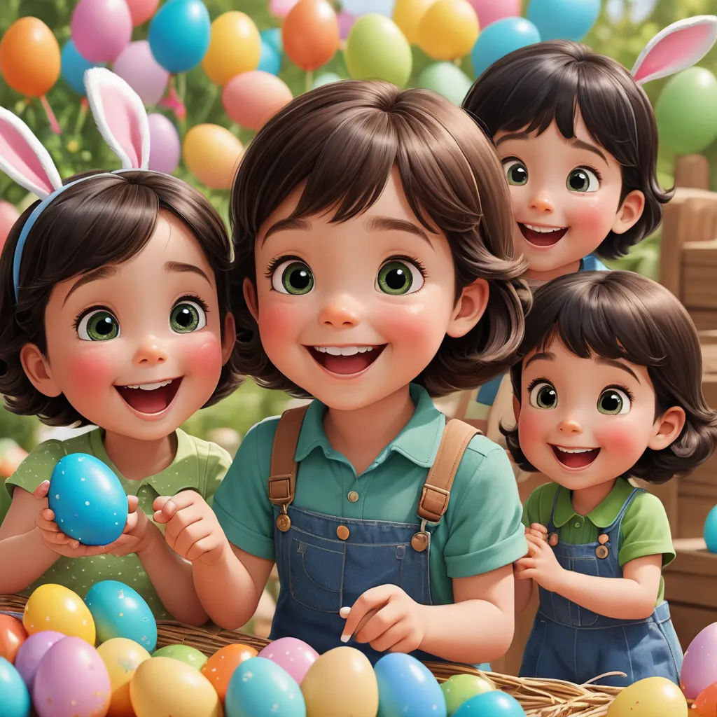 a group of children holding an egg in front of a bunch of balloons and a basket of eggs with a bunny on it, photorealism, poster art, disney, pixar style
