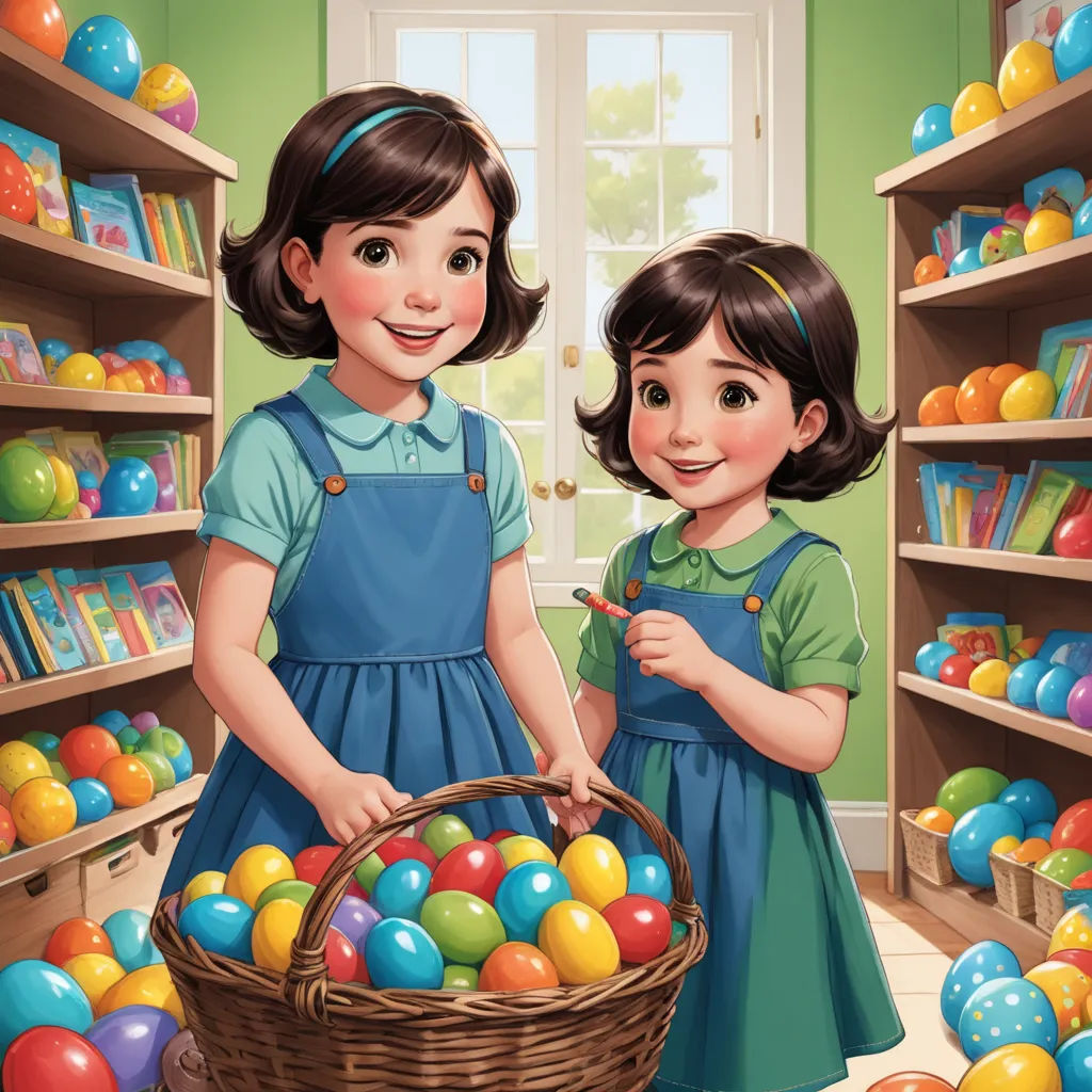 a painting of two girls in a room with easter eggs in a basket and a bookcase full of books, lyco art, a storybook illustration, Brothers Hildebrandt, highly detailed digital painting