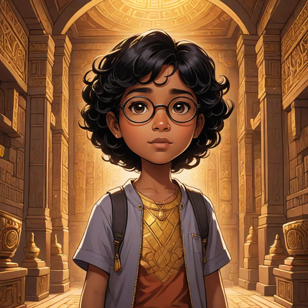 a cartoon character with glasses and a backpack in a hallway with columns and a light shining on her face, a character portrait, Aaron Jasinski, fantasy art, rossdraws global illumination
