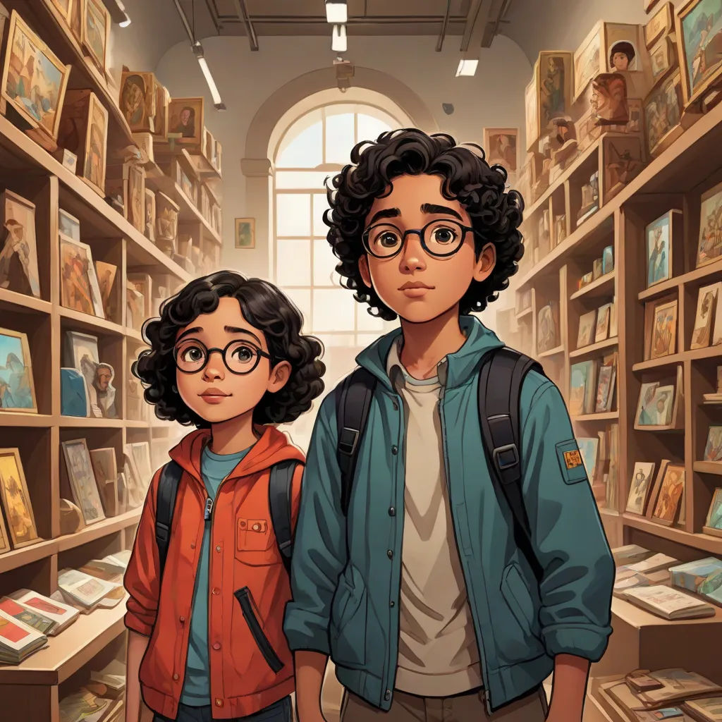 a boy and a girl standing in a library with bookshelves full of books and books on the shelves, poster art, Brothers Hildebrandt, serial art, comic cover art