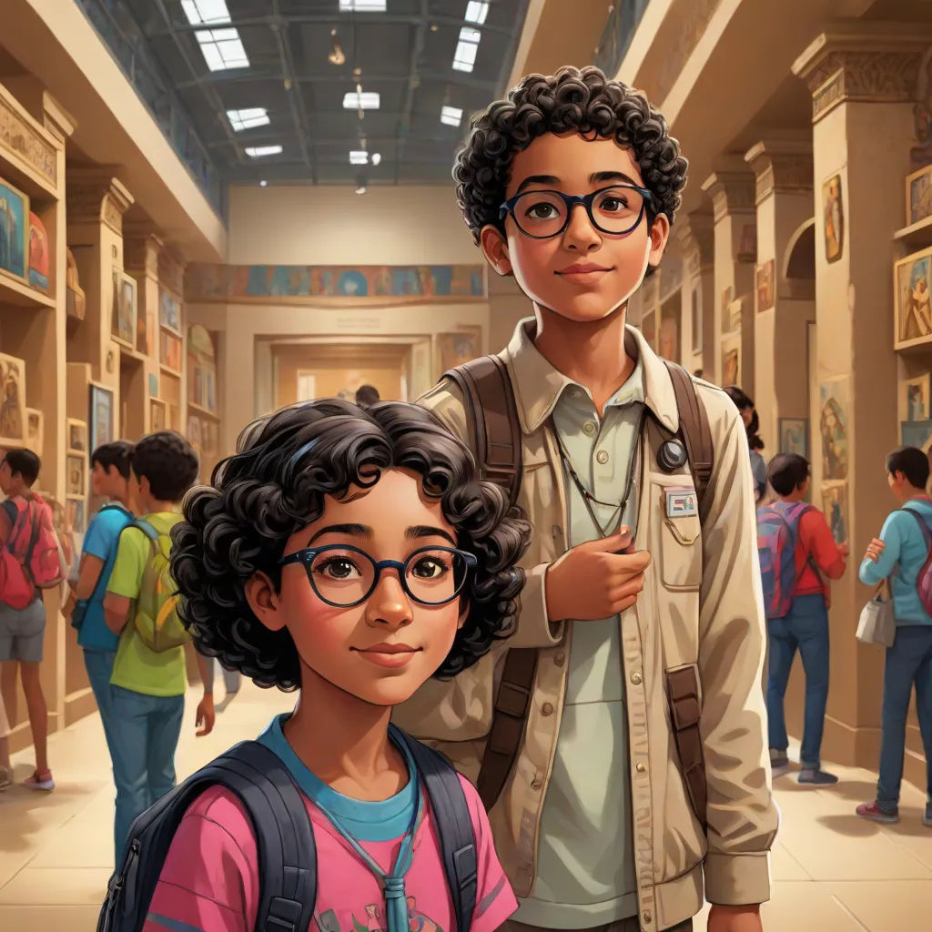 a boy and girl are standing in a museum with a man in a backpack and a girl in a pink shirt, egyptian art, Chris LaBrooy, serial art, official art