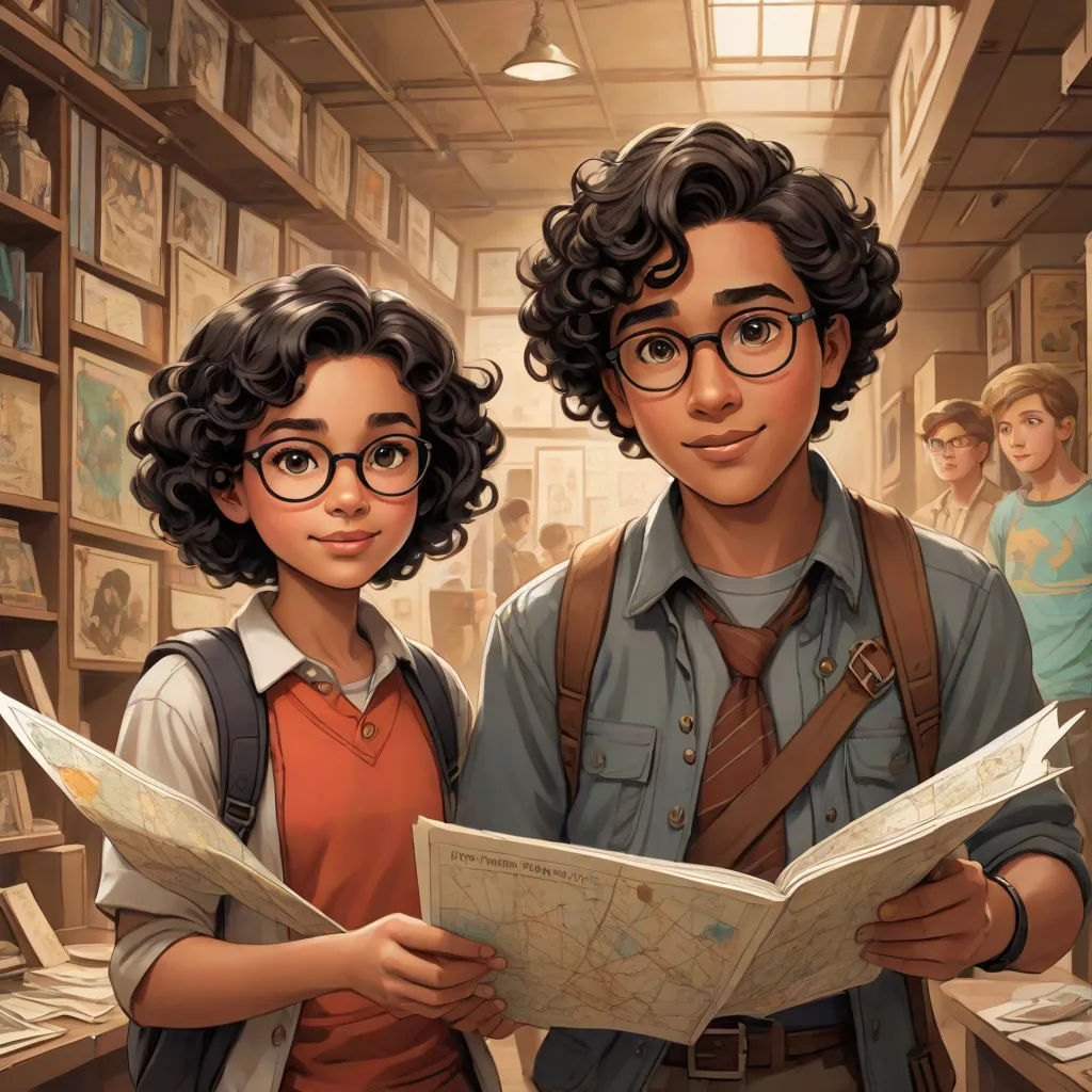 a boy and girl are standing in a library reading a book together, with a boy in the background, concept art, Altichiero, sots art, key art