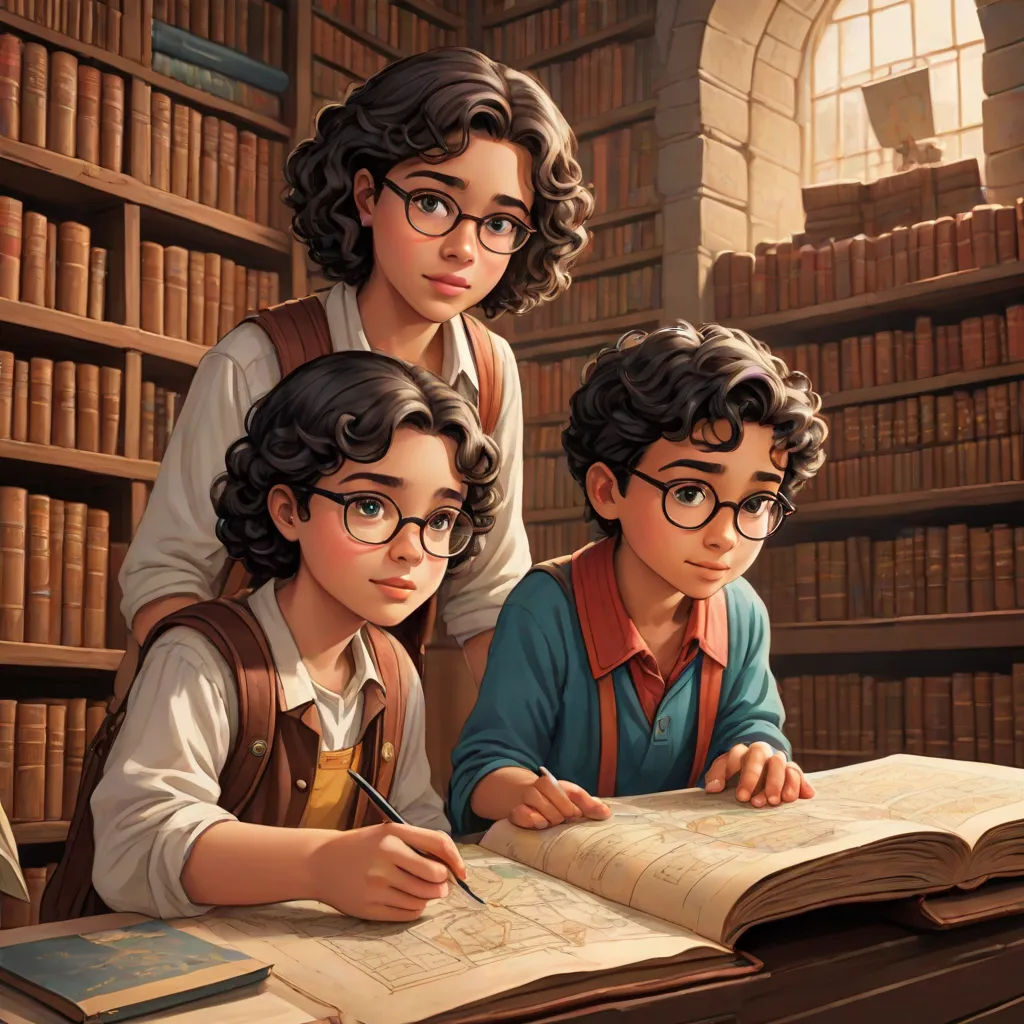 a painting of two children studying in a library with bookshelves in the background and a woman standing behind them, concept art, Brothers Hildebrandt, academic art, official art
