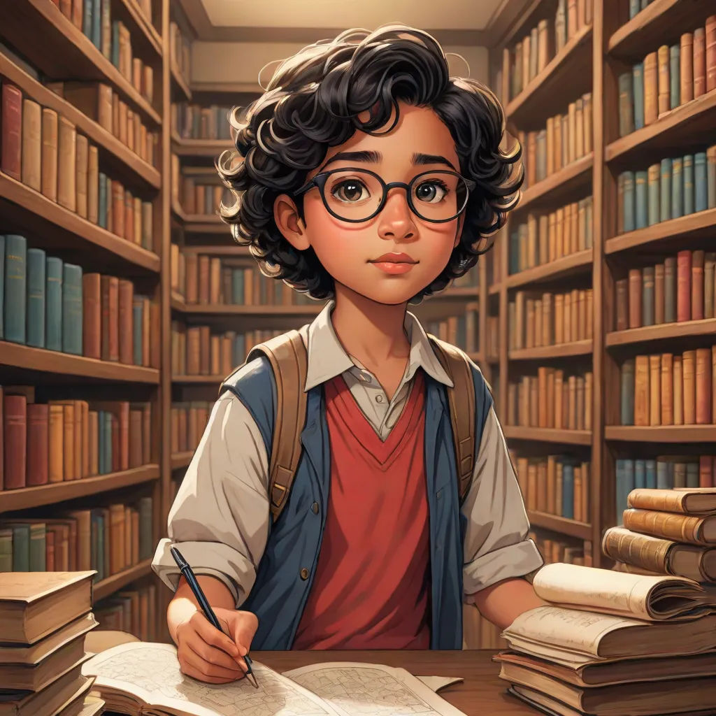 a boy is sitting at a desk with books and a pen in his hand and a bookcase behind him, a character portrait, Alejandro Burdisio, fantasy art, official art