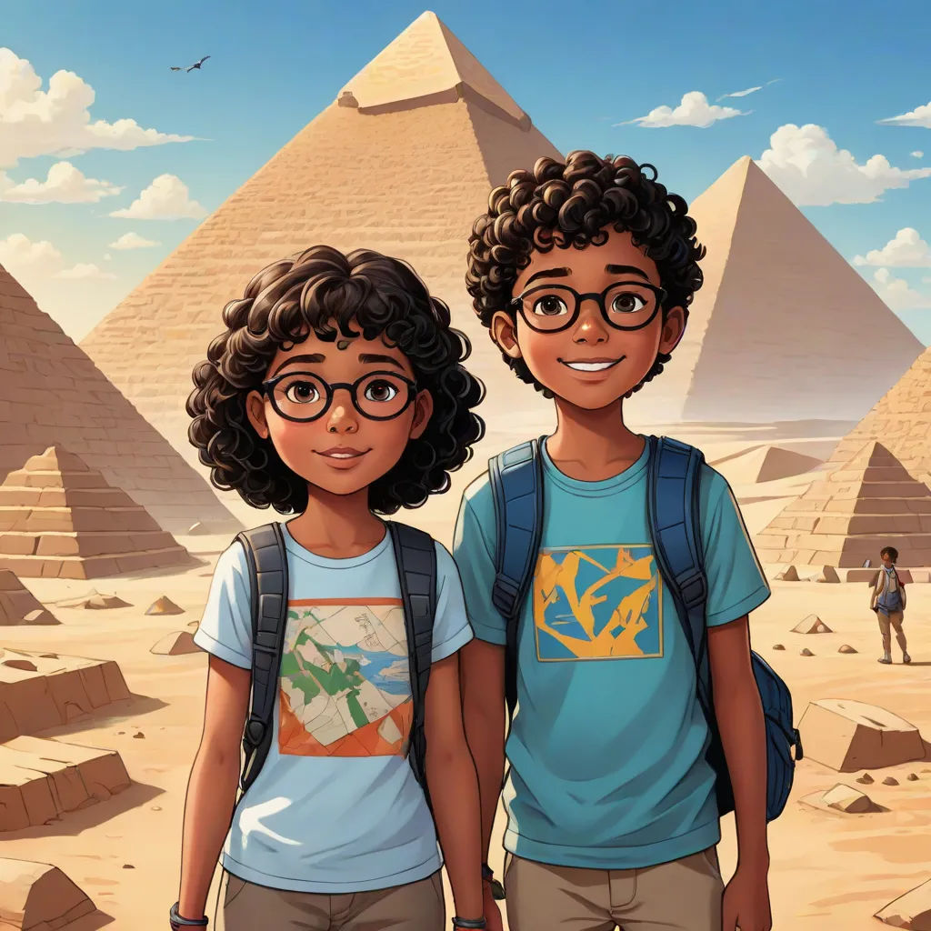 a couple of kids standing next to each other in front of a pyramids background with a bird flying over them, egyptian art, Altichiero, serial art, graphic novel