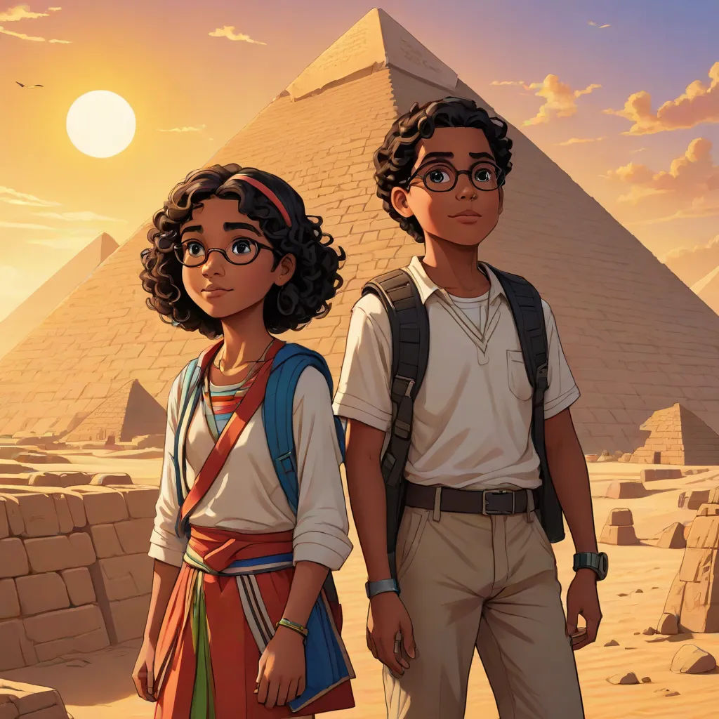a boy and a girl standing in front of a pyramid at sunset with the sun in the background and a bird flying over them, egyptian art, Drew Struzan, afrofuturism, official art