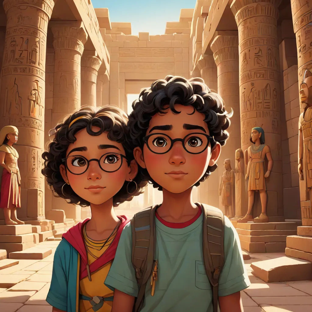 a couple of kids standing next to each other in front of a building with statues on it and a sky background, egyptian art, Altoon Sultan, serial art, official art