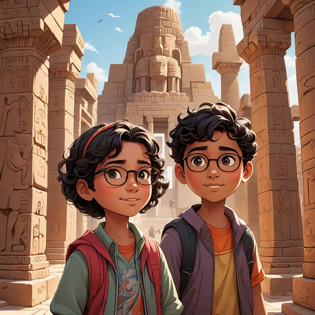two young boys standing in front of a stone structure with a sky background and clouds in the background, with a bird flying overhead, egyptian art, Amir Zand, serial art, rossdraws global illumination