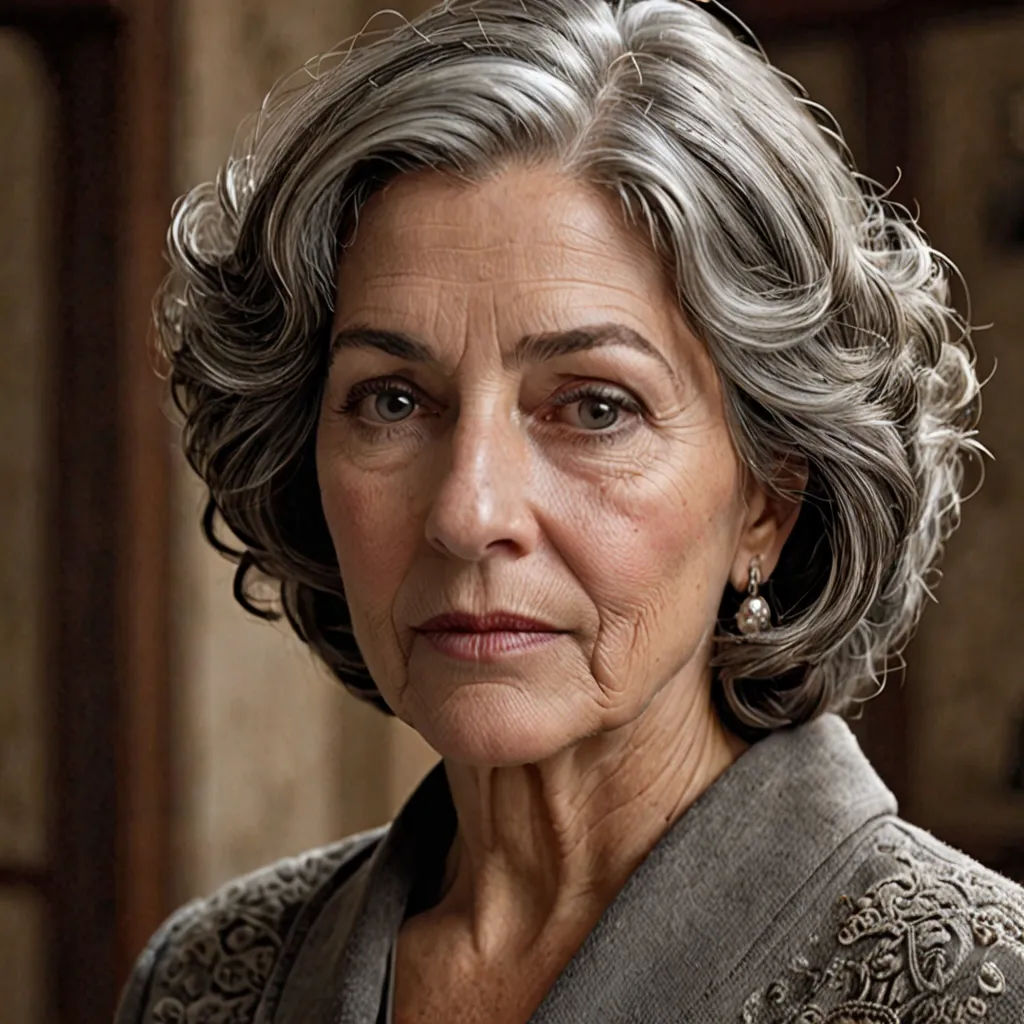 a woman with gray hair and a gray jacket looking at the camera with a serious look on her face, arts and crafts movement, a character portrait, Celia Fiennes, promotional image