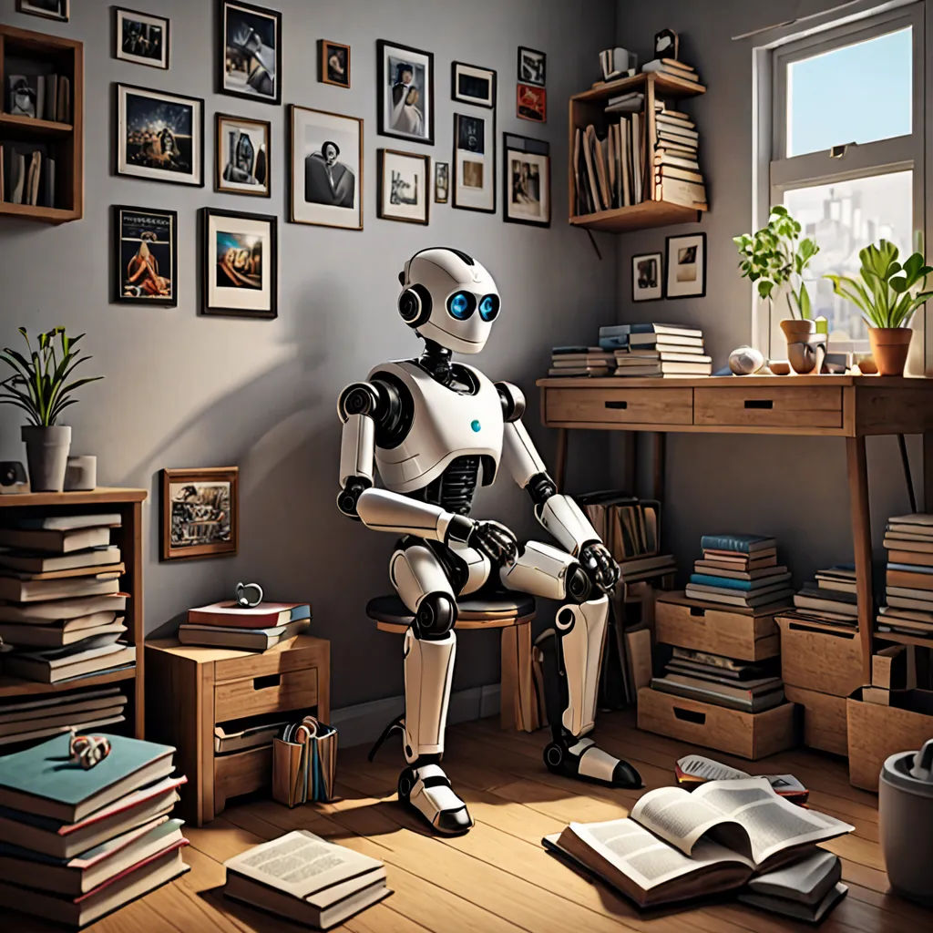 a robot sitting on a chair in a room with a lot of books and a plant in it's corner, les automatistes, a computer rendering, Beeple, redshift render