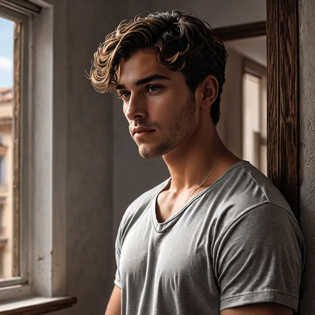 a man standing next to a window looking out of a window sill at the city below him and wearing a necklace, mannerism, a character portrait, Alexander Kucharsky, promotional image