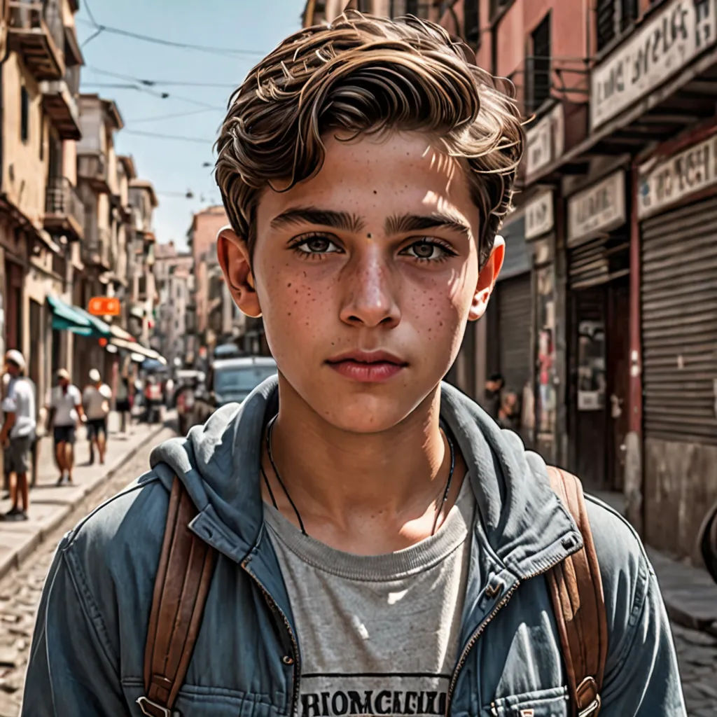 a young man standing on a street corner with a backpack on his shoulder and a backpack on his shoulder, photorealism, a character portrait, Enrico Baj, cinematic photography