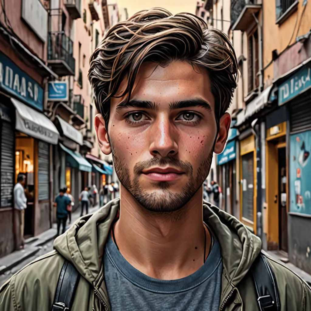 a man with a backpack on a city street with buildings in the background and a street sign in the foreground, photorealism, a photorealistic painting, david rubín, photorealistic portrait