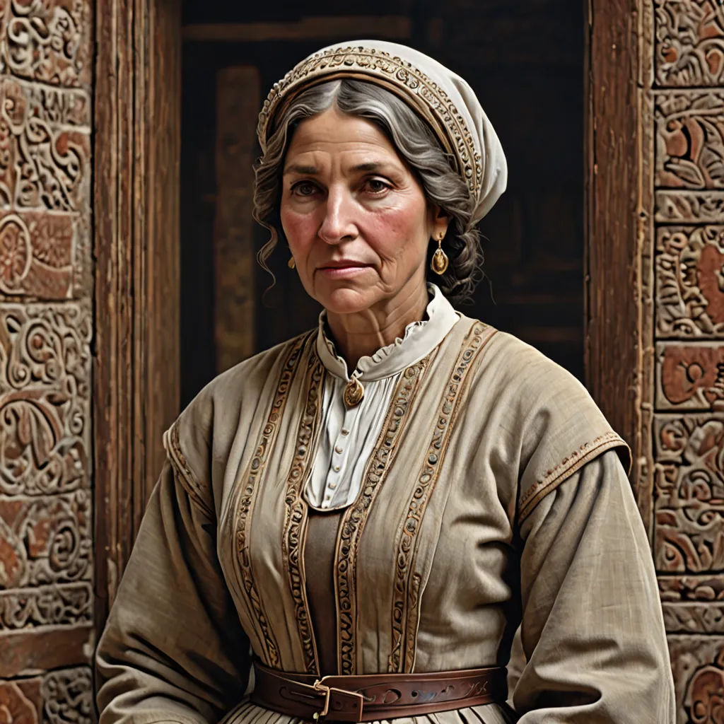 a woman in a brown dress and a brown hat is standing in front of a door with a brown and white pattern, arts and crafts movement, a photorealistic painting, David Ligare, highly detailed digital painting