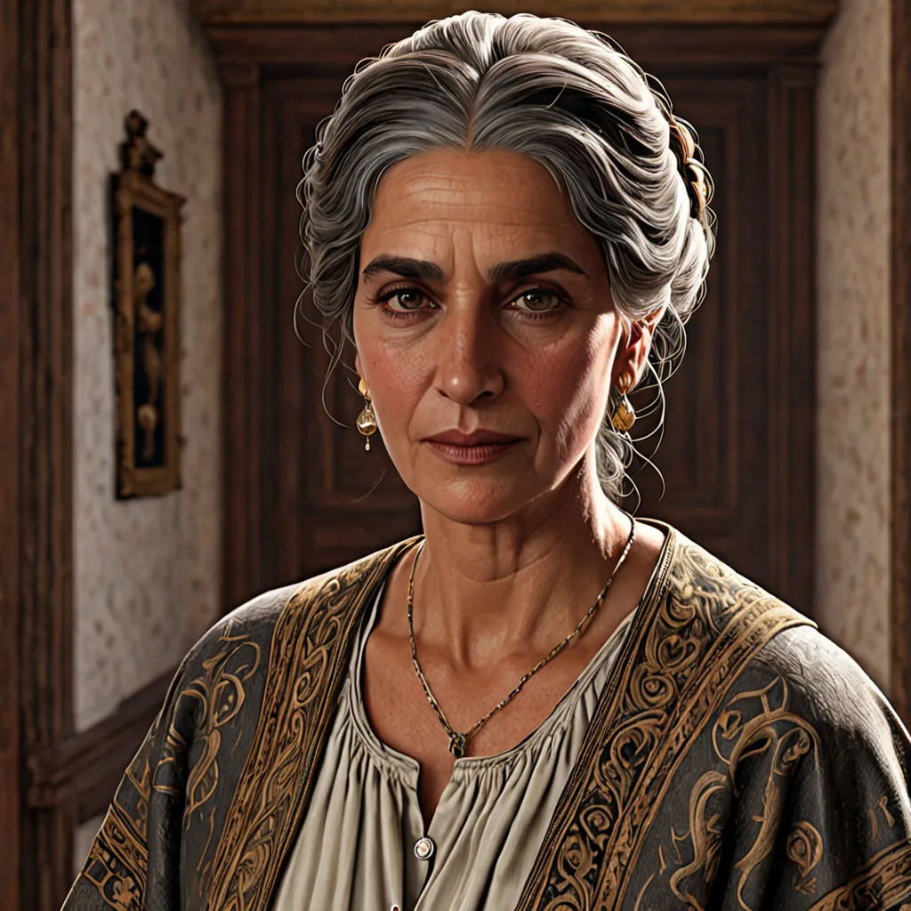 a woman with grey hair and a necklace on her neck and a brown dress on her shoulders and a door in the background, photorealism, a character portrait, Elizabeth Forbes, highly detailed portrait