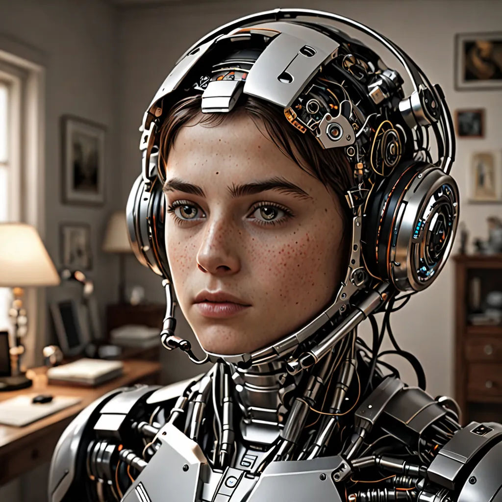a woman with headphones on in a room with a desk and a lamp on it, with a computer on the desk, computer art, a computer rendering, Beeple, ultra realistic digital art
