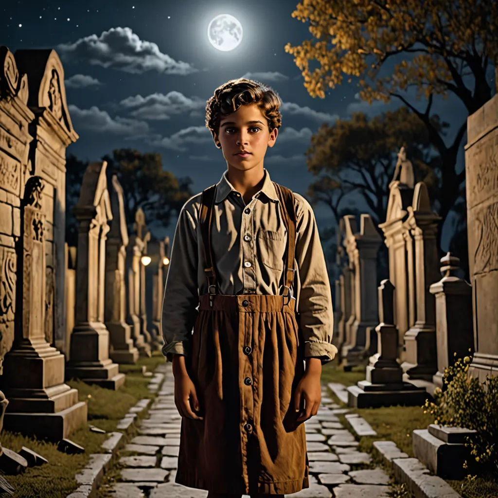a young boy standing in a cemetery at night with a full moon in the background and a cemetery with tombstones, magical realism, a detailed matte painting, Brad Kunkle, promotional image