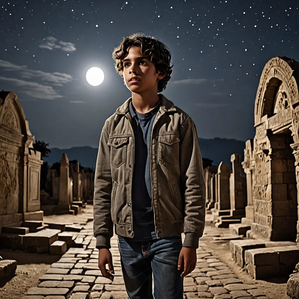 a man standing in a cemetery at night with the moon in the sky above him and a star lit sky above him, serial art, egyptian art, Amir Zand, promotional image
