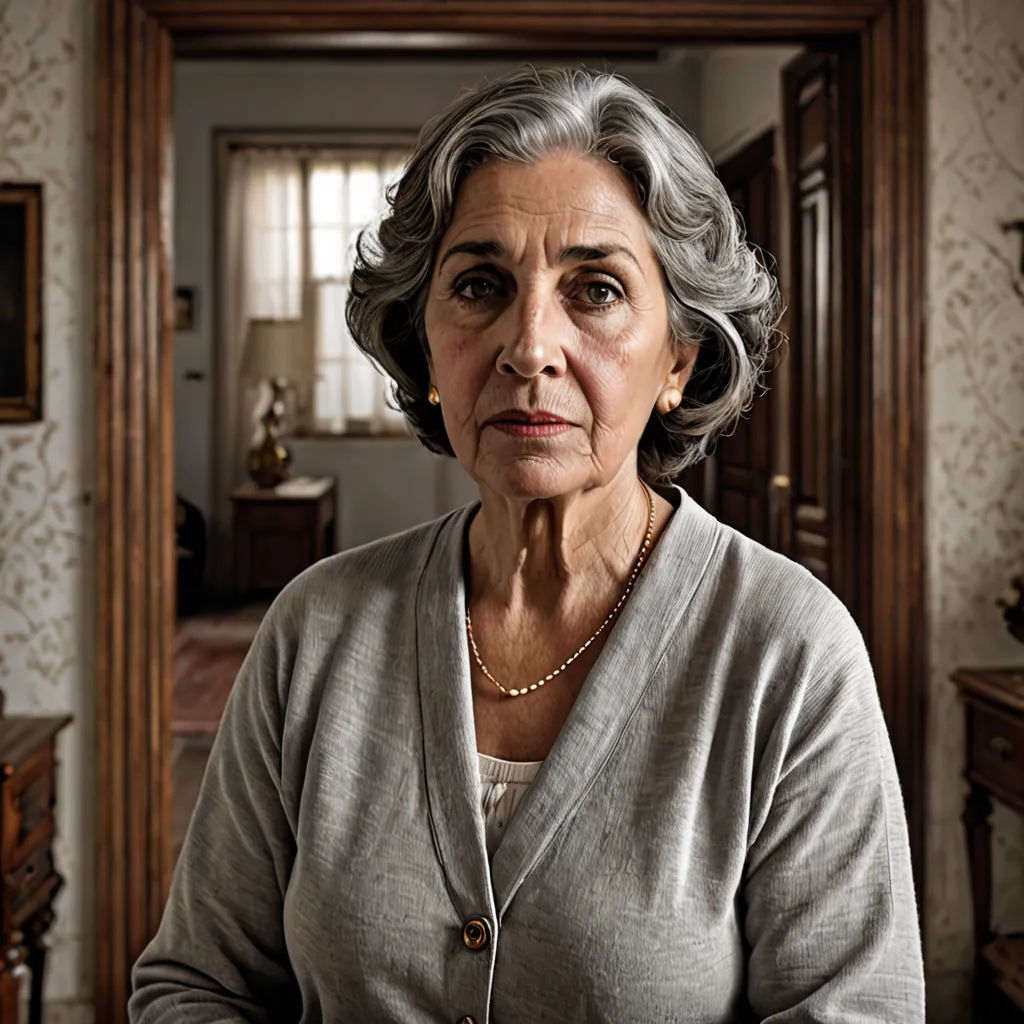 a woman in a room with a mirror and a table with a vase on it and a clock on the wall, hyperrealism, a character portrait, Eva Gonzalès, promotional image