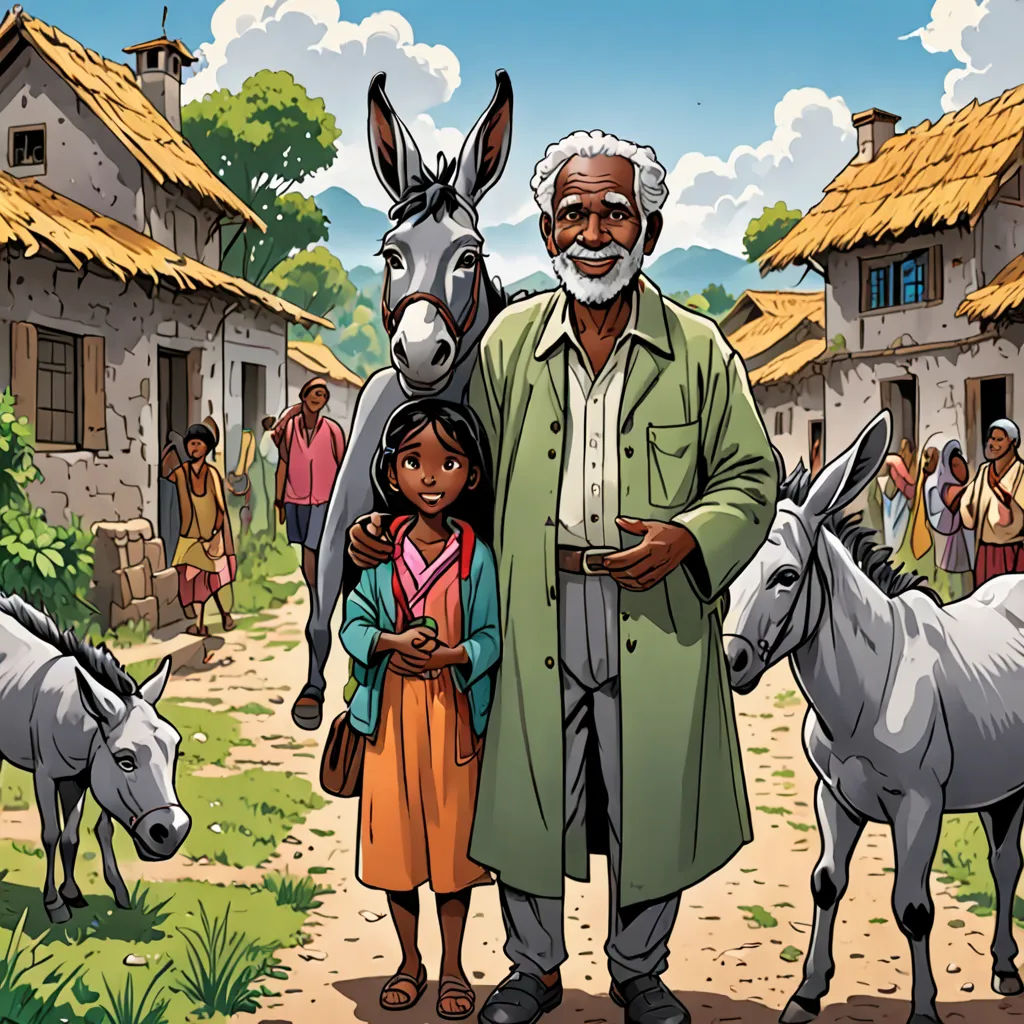 a man and a little girl standing in front of a donkey and donkeys in a village with people, magical realism, a storybook illustration, David Brewster, promotional image