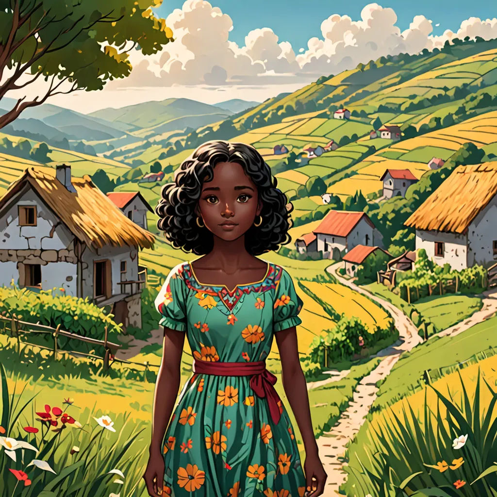 a painting of a girl in a green dress standing in a field with a village in the background and a path leading to a house, american scene painting, a storybook illustration, Chinwe Chukwuogo-Roy, comic cover art