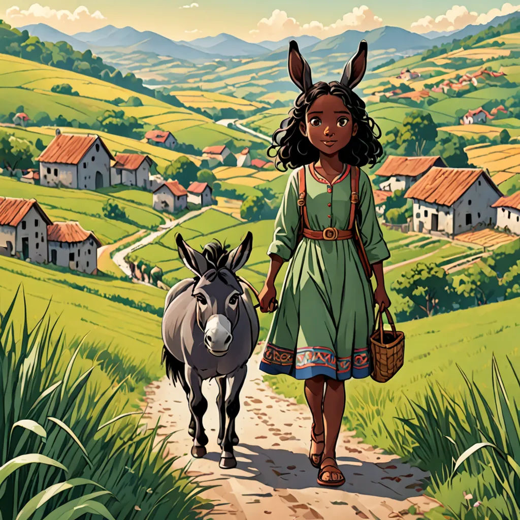 a girl walking down a path with a donkey on a farm in the background, with a village in the distance, synthetism, a storybook illustration, Florence Engelbach, official art