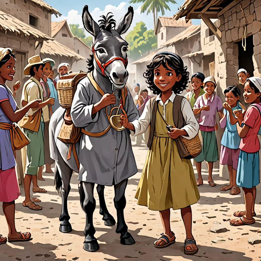 a cartoon of a donkey being led by a man in a village with people around him and a donkey, samikshavad, a storybook illustration, Ella Guru, official art