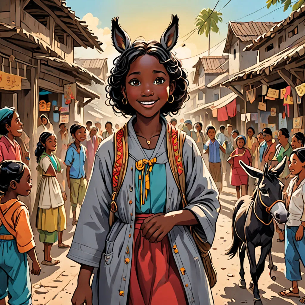 a woman in a village with a donkey and a crowd of people around her, all looking at the camera, hurufiyya, a storybook illustration, Ella Guru, comic cover art