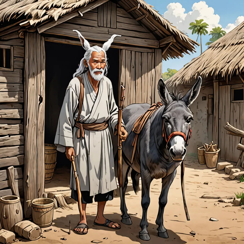 a man standing next to a donkey in front of a hut with straw roof and straw walls and a straw roof, primitivism, a storybook illustration, F Scott Hess, highly detailed digital painting