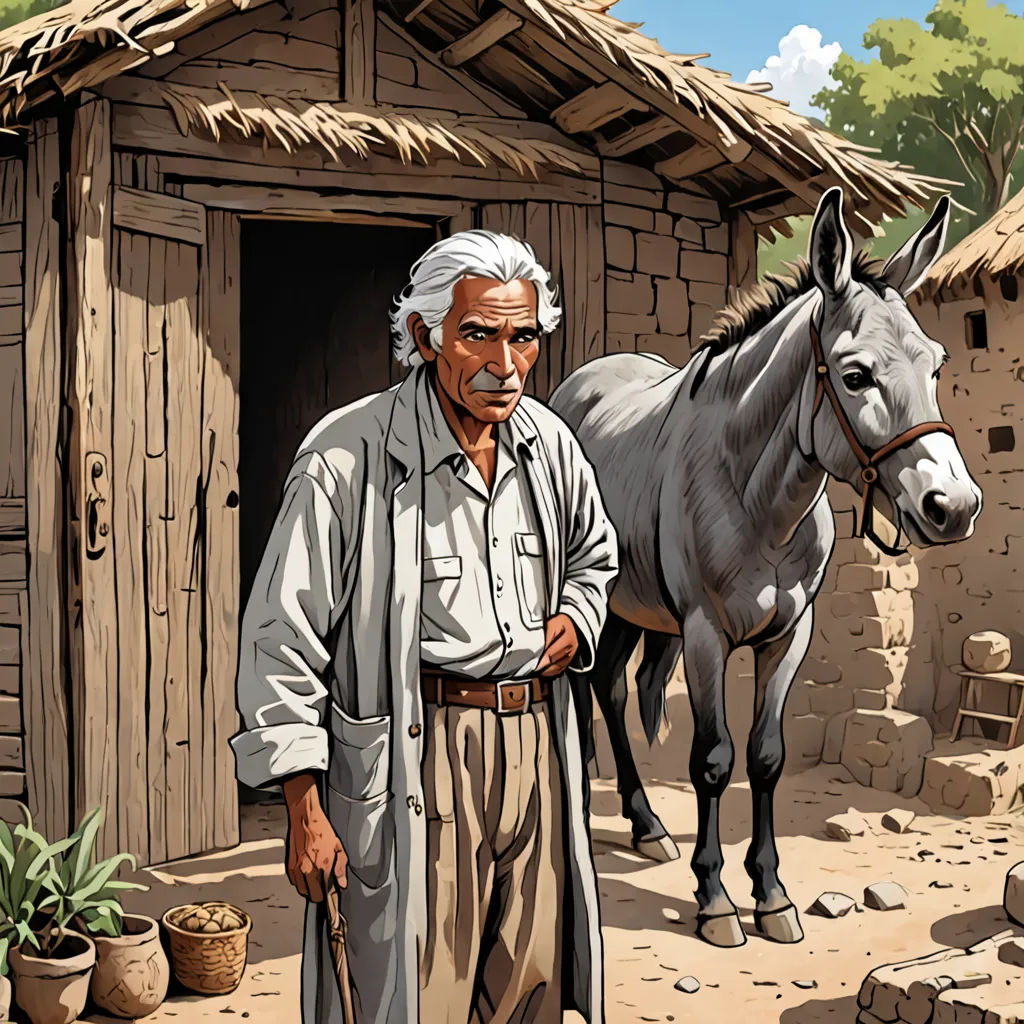 a man standing next to a horse in front of a hut with a thatched roof and a small door, primitivism, a comic book panel, Fikret Muallâ Saygı, western comic book art