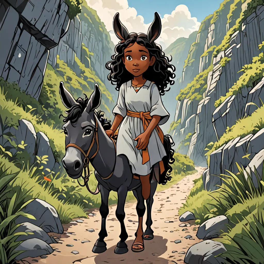 a cartoon girl riding a donkey down a dirt road in a mountainous area with a cliff in the background, magical realism, a character portrait, Asaf Hanuka, promotional image