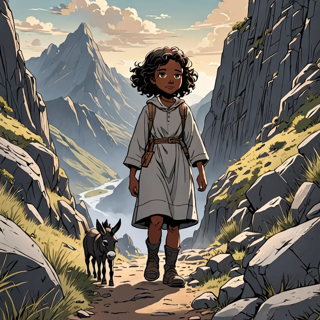 a cartoon of a woman walking down a path with a dog on a leash in front of a mountain, process art, a character portrait, Asaf Hanuka, comic cover art