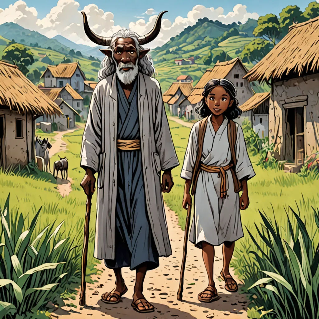 a man and a woman walking down a path with a goat on their head and a village in the background, primitivism, a comic book panel, Asaf Hanuka, comic cover art