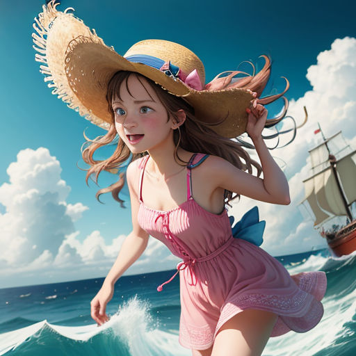 Cute Playful Anime Girl With Straw Hat On Beach | Tapestry