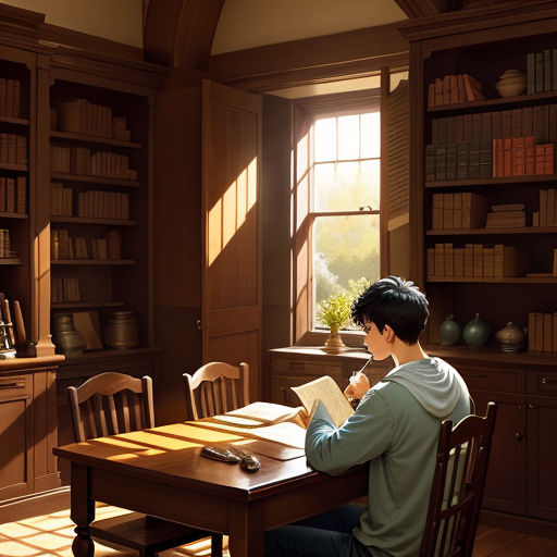a man sitting at a table reading a book in a library with a window open to the outside of the room