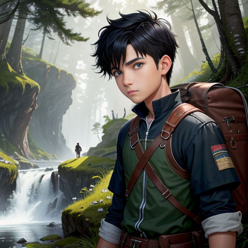 a man with a backpack standing in front of a waterfall in a forest with a waterfall in the background