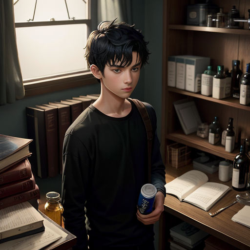 a man holding a can of beer in a room with books and a desk with a lamp on it
