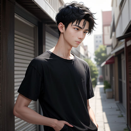 a young man standing on a sidewalk next to a building with a black shirt on and a black tie