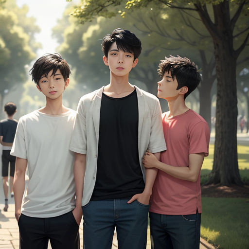 three young men standing next to each other on a sidewalk in a park with trees in the background and a man in the foreground