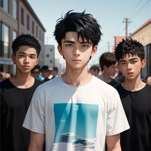 a group of young men standing next to each other on a street corner with buildings in the background and a sky background