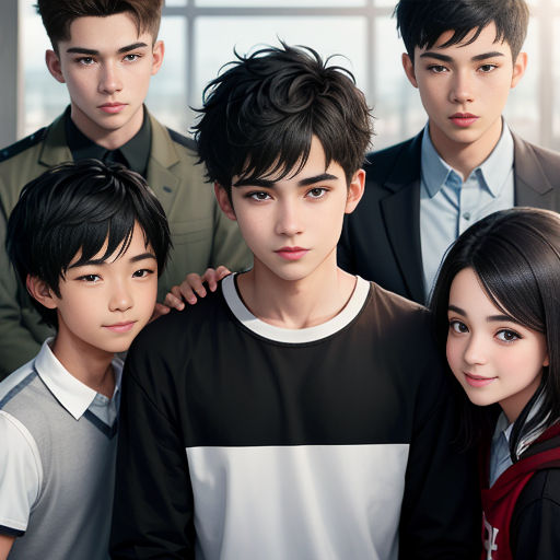 a group of young people standing next to each other in front of a window with a view of the city