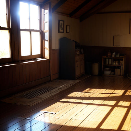 a room with a wooden floor and a window with sunlight coming in from the window and a small refrigerator