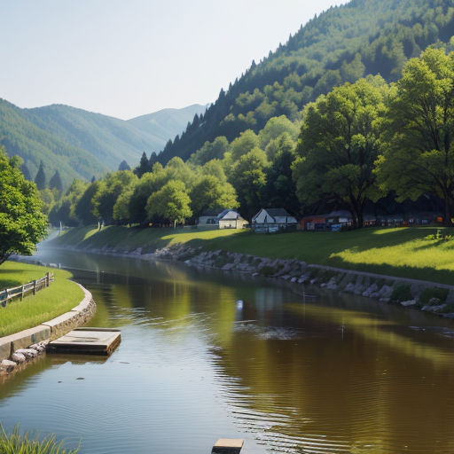 a river running through a lush green hillside covered in trees and grass next to a forest covered hillside with a small house