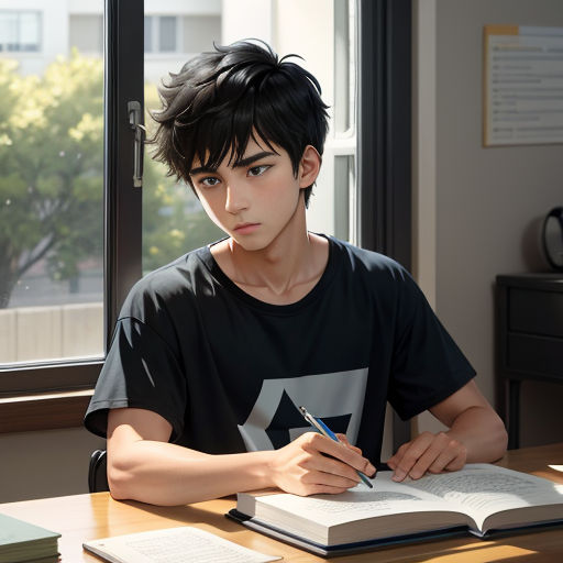 a boy is sitting at a table writing on a book and holding a pen in his hand and looking out the window