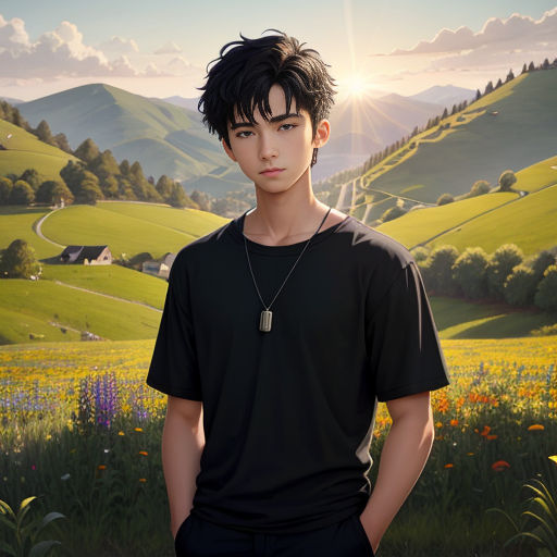 a man standing in a field of flowers with a mountain in the background and a sun shining on him
