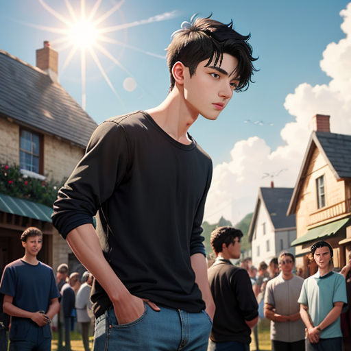 a man standing in front of a group of people in a yard with a house in the background and a sun shining