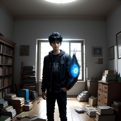a man standing in a room with a light on his head and a bunch of books on the floor